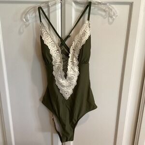 Olive Green One-Piece Swimsuit with White Lace Trim. Nwt.